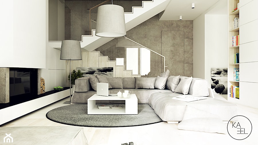 KARABELI - Duży beżowy biały salon z bibiloteczką, styl nowoczesny - zdjęcie od KAEL Architekci