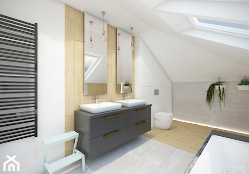Dom w Nowej Cerekwi - Średnia na poddaszu z dwoma umywalkami łazienka z oknem, styl nowoczesny - zdjęcie od nanoSTUDIO