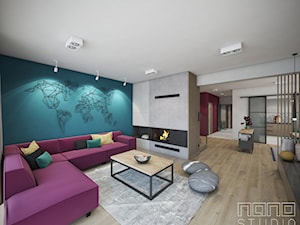 Dom w Olkuszu 2 - Duży biały niebieski salon, styl nowoczesny - zdjęcie od nanoSTUDIO
