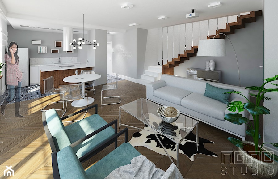 mieszkanie dwupoziomowe - Średni biały szary salon z kuchnią z jadalnią, styl tradycyjny - zdjęcie od nanoSTUDIO