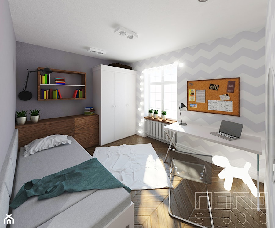 mieszkanie dwupoziomowe - Średni biały szary niebieski z łóżkiem pokój dziecka dla nastolatka dla chłopca dla dziewczynki, styl tradycyjny - zdjęcie od nanoSTUDIO