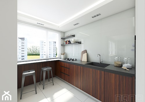 mieszkanie w Raciborzu - Średnia otwarta biała z zabudowaną lodówką z nablatowym zlewozmywakiem kuchnia w kształcie litery l z oknem, styl nowoczesny - zdjęcie od nanoSTUDIO
