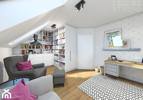 Dom w Olkuszu - Średnie z sofą białe szare biuro, styl skandynawski - zdjęcie od nanoSTUDIO