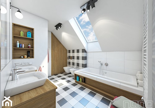 Dom w Olkuszu - Średnia na poddaszu z dwoma umywalkami łazienka z oknem, styl vintage - zdjęcie od nanoSTUDIO