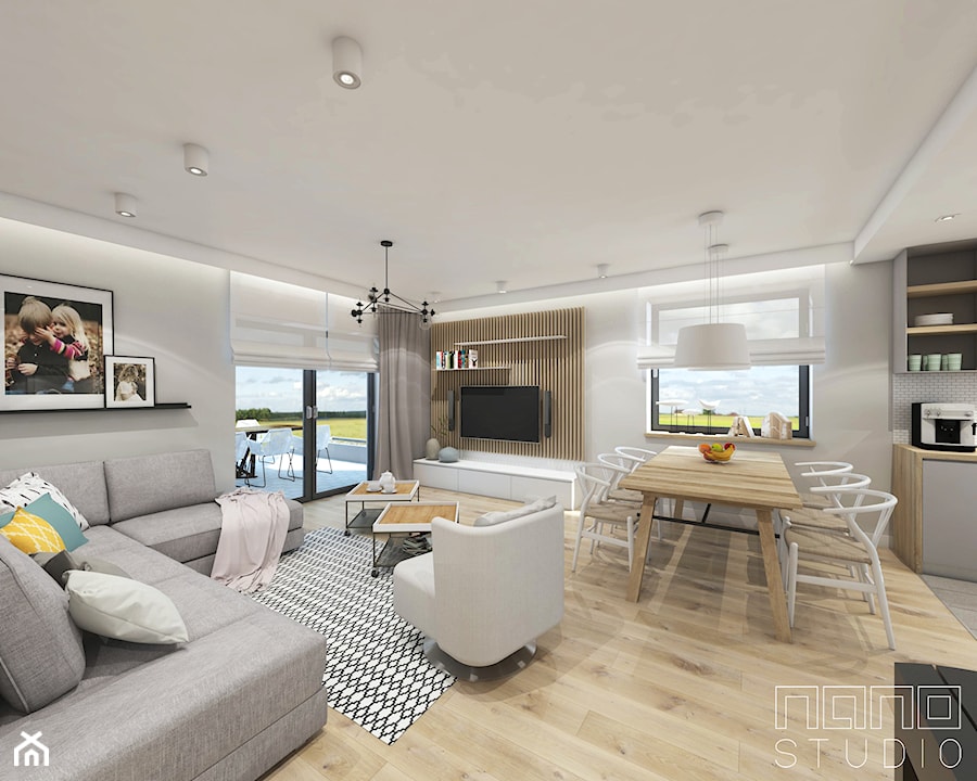 Dom w Raciborzu 2 - Duży biały salon z kuchnią z jadalnią, styl skandynawski - zdjęcie od nanoSTUDIO