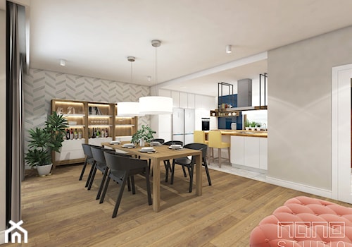 dom w Żorach - Duża beżowa biała jadalnia w salonie w kuchni, styl nowoczesny - zdjęcie od nanoSTUDIO