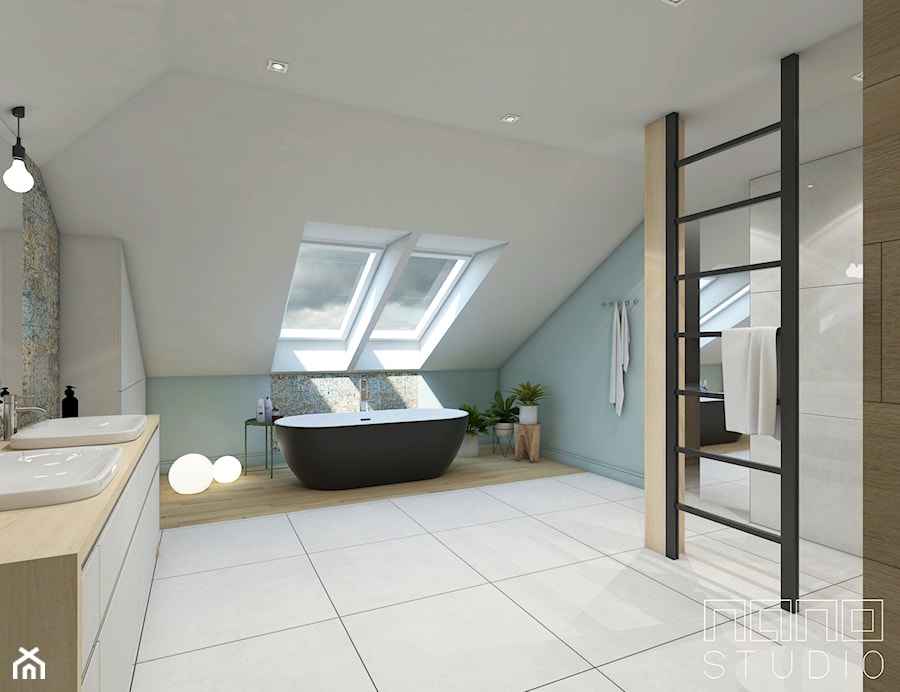 dom w Żorach - Duża na poddaszu z lustrem z dwoma umywalkami z punktowym oświetleniem łazienka z oknem, styl nowoczesny - zdjęcie od nanoSTUDIO