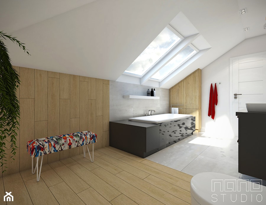Dom w Nowej Cerekwi - Średnia na poddaszu łazienka z oknem, styl nowoczesny - zdjęcie od nanoSTUDIO