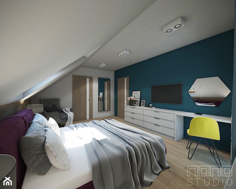Dom w Olkuszu 2 - Średnia biała turkusowa z biurkiem sypialnia na poddaszu, styl nowoczesny - zdjęcie od nanoSTUDIO
