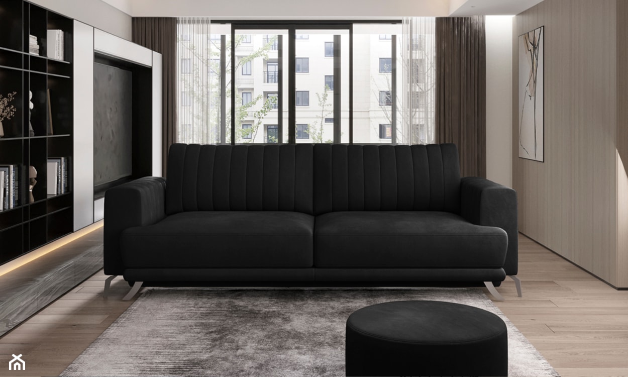 czarna sofa, salon w stylu minimalistycznym