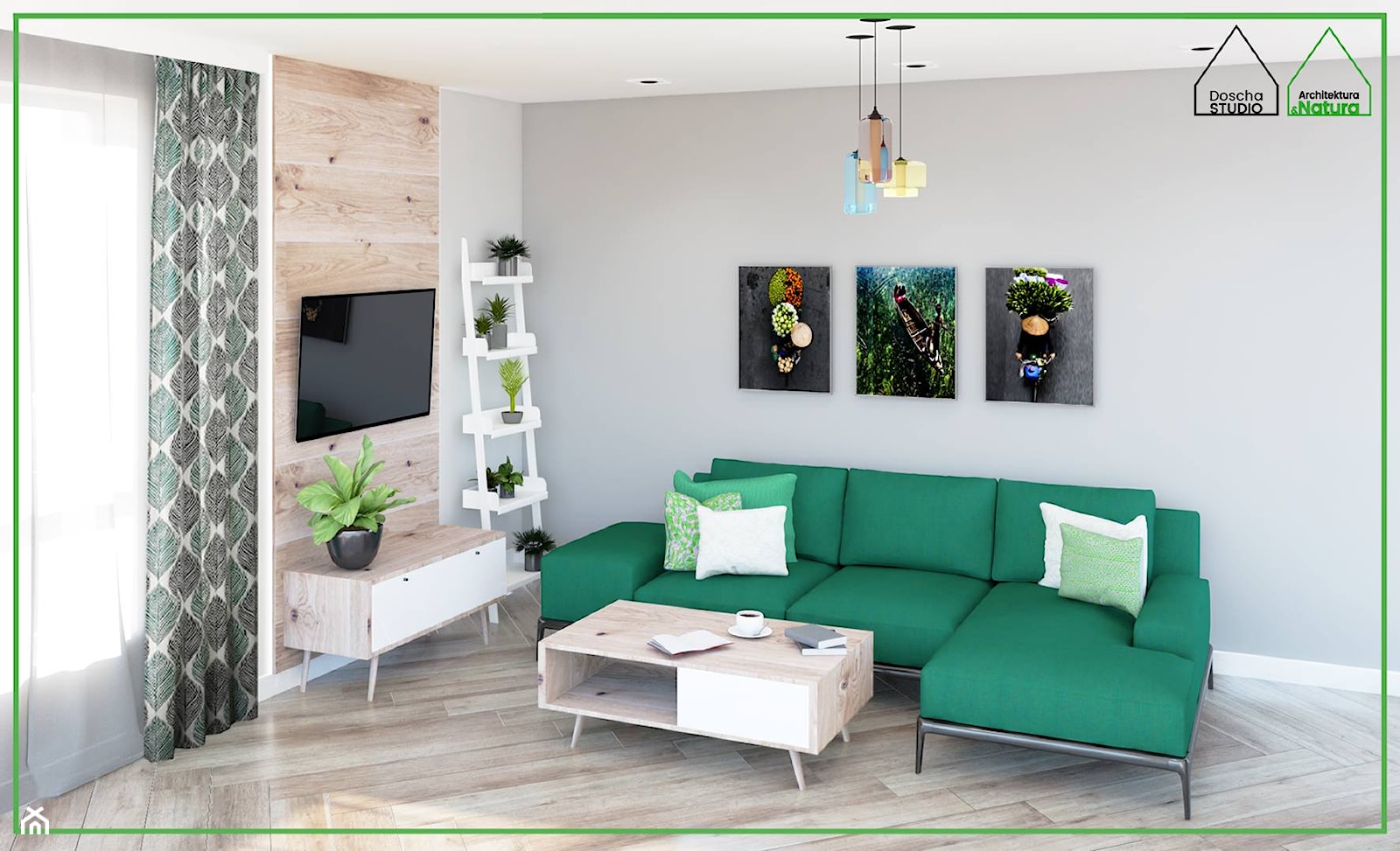 Salon z zieloną sofą dla pasjonatów roślin - zdjęcie od Doscha STUDIO Julia Chalimoniuk-Dombrowska Projektowanie Wnętrz Gdynia - Homebook