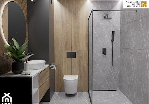 Projekt łazienki z prysznicem bez brodzika z odpływem liniowym Vogi Szkło Czarne. - zdjęcie od Vogi_Polska