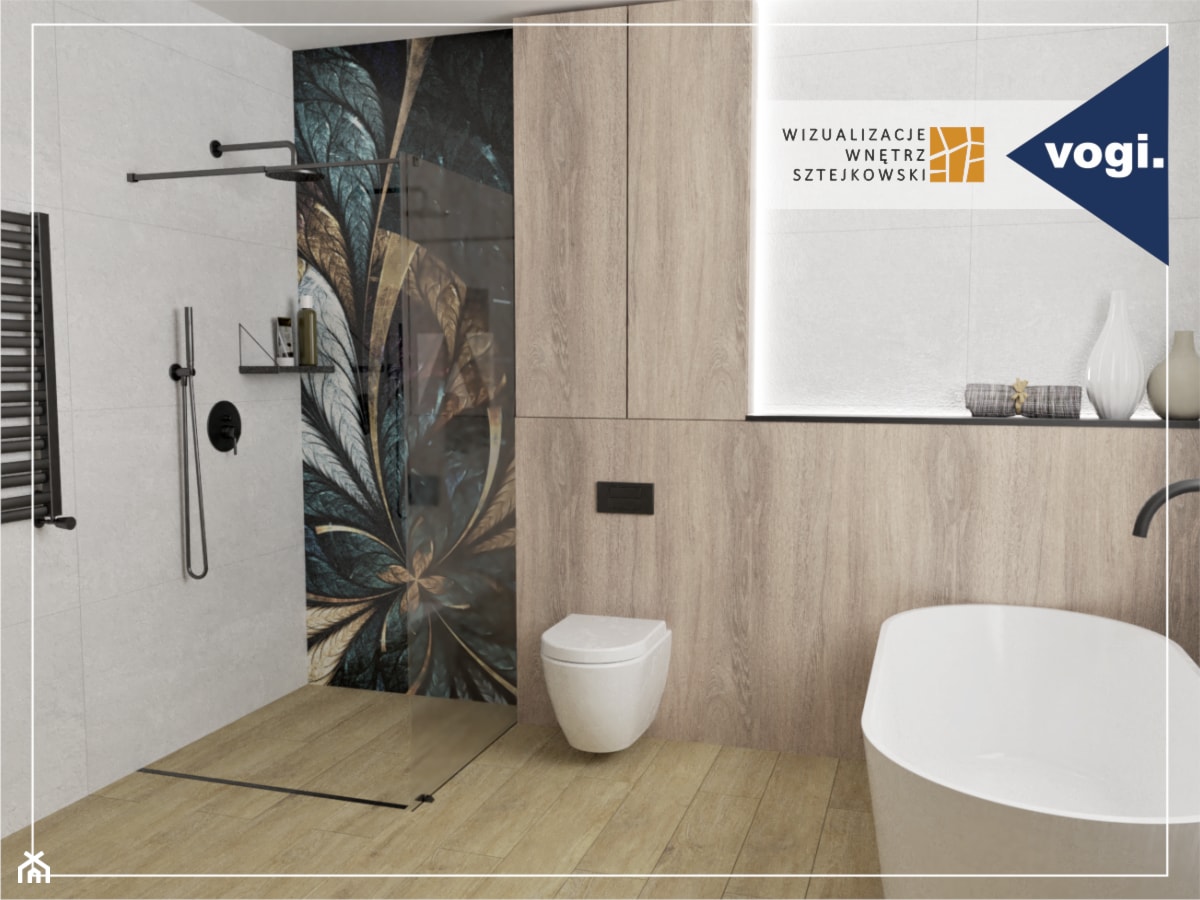 Projekt łazienki wykonany przez Wizualizacje Wnętrz Sztejkowski z prysznicem walk - in gdzie znajduje się odpływ liniowy SZKŁO CZARNE. - zdjęcie od Vogi_Polska - Homebook