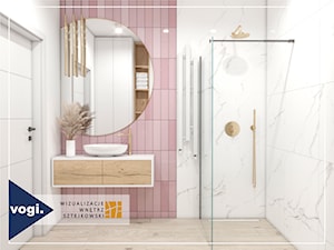 Wizualizacja łazienki z prysznicem bez brodzika oraz odpływem liniowym Vogi SZKŁO BIAŁE - zdjęcie od Vogi_Polska