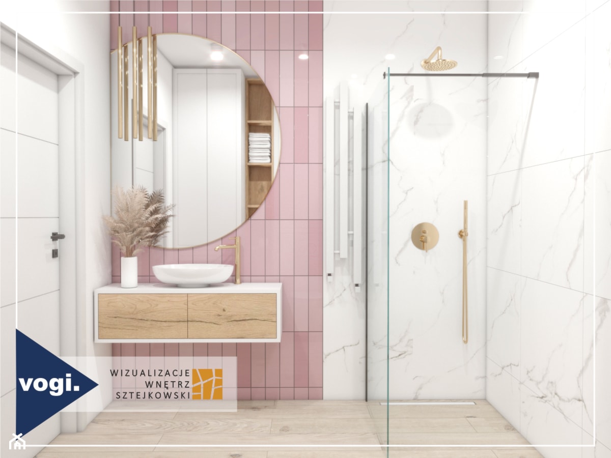 Wizualizacja łazienki z prysznicem bez brodzika oraz odpływem liniowym Vogi SZKŁO BIAŁE - zdjęcie od Vogi_Polska - Homebook