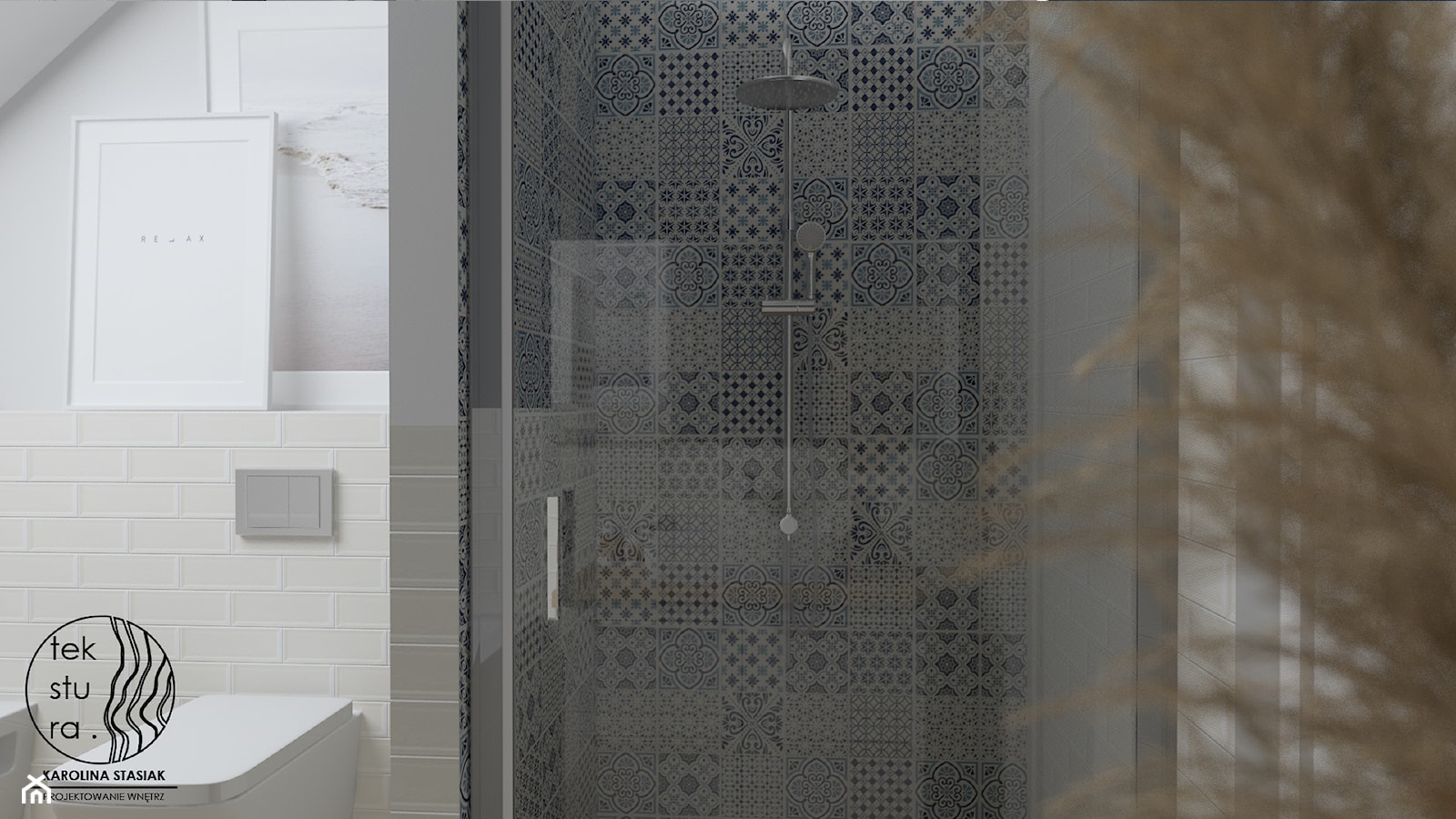 Łazienka biel, granat i mozaika - zdjęcie od tekstura - Karolina Stasiak - Homebook