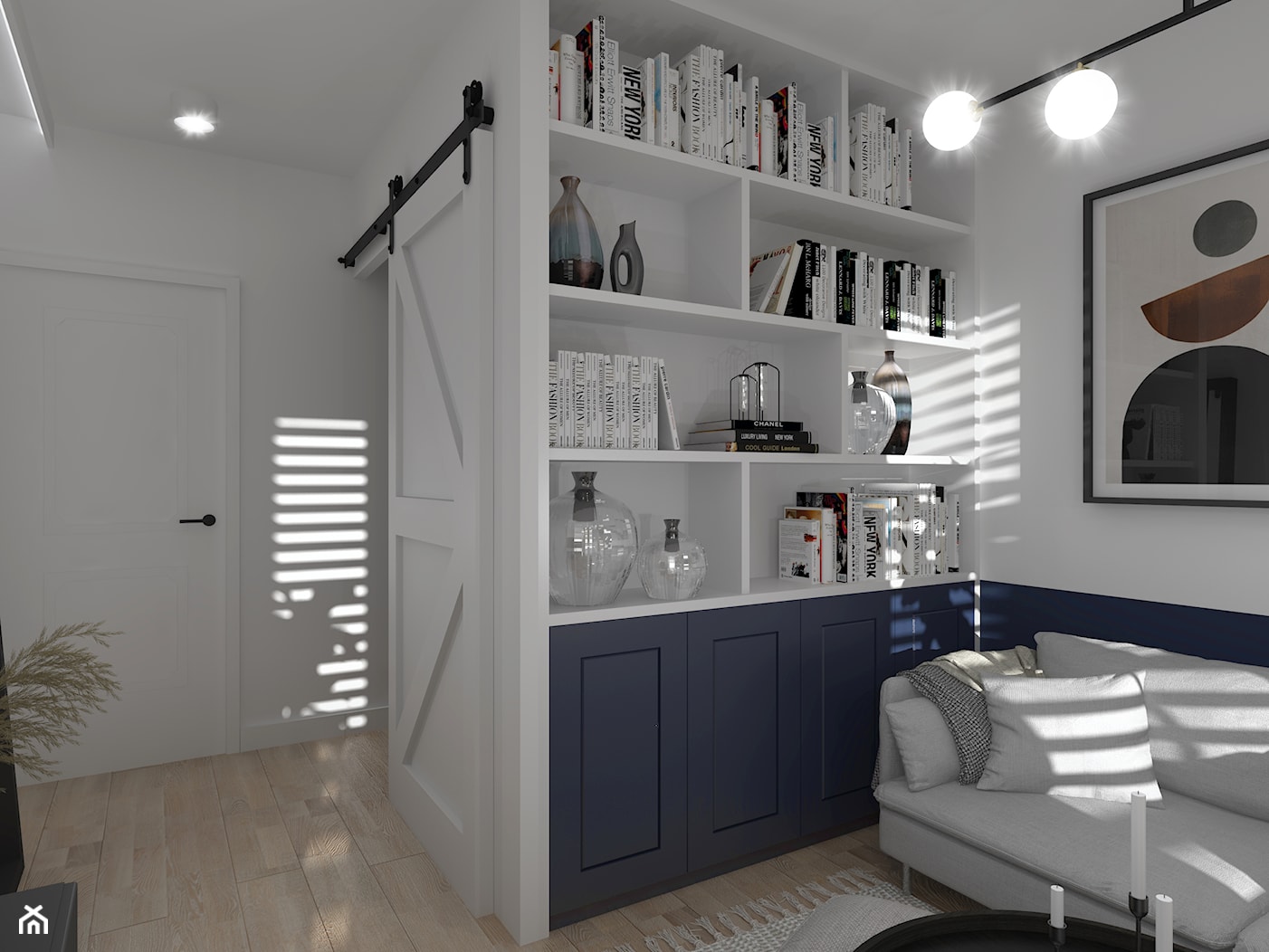 Mały salon z lamperią i wydzieloną garderobą - Salon, styl nowoczesny - zdjęcie od Mak Studio Projektowe - Homebook