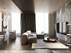 Przestronny salon z ciemną drewnianą podłogą, stylową ścianą telewizyjną i niebanalnym oświetleniem - zdjęcie od MOOVIN INTERIORS