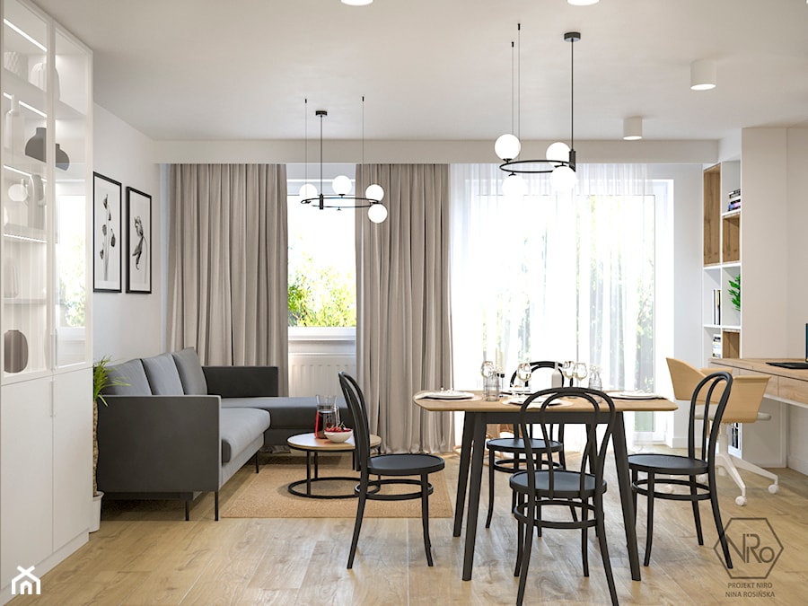 Salon z aneksem kuchennym w stylu skandynawskim jasny z dużą ilością drewna - zdjęcie od Projekt NiRo