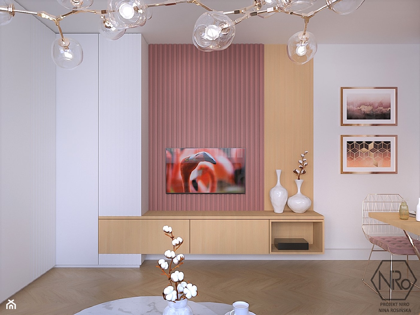 Salon ze ścianką telewizyjną, kolory: różowy, złoty, biały - zdjęcie od Projekt NiRo - Homebook