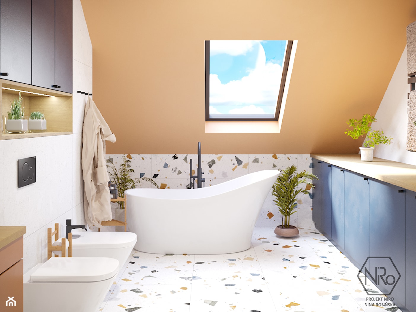 kolorowa łazienka z wanną wolnostojącą lastryko terazzo - zdjęcie od Projekt NiRo - Homebook