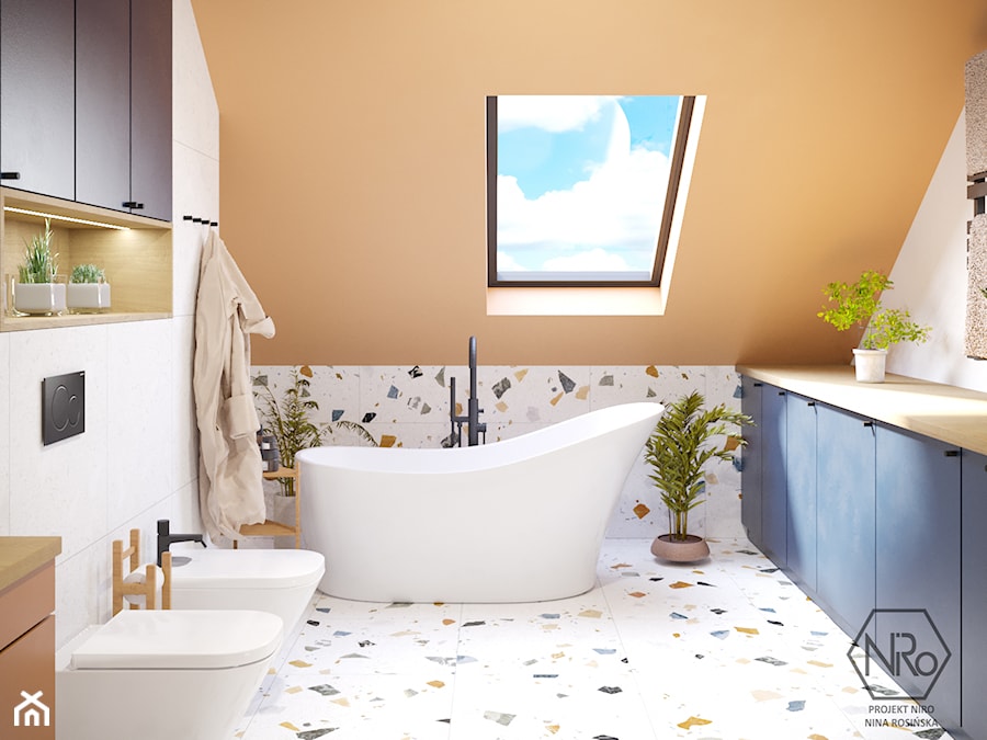 kolorowa łazienka z wanną wolnostojącą lastryko terazzo - zdjęcie od Projekt NiRo
