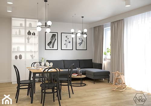 Salon z aneksem kuchennym w stylu skandynawskim jasny z dużą ilością drewna - zdjęcie od Projekt NiRo