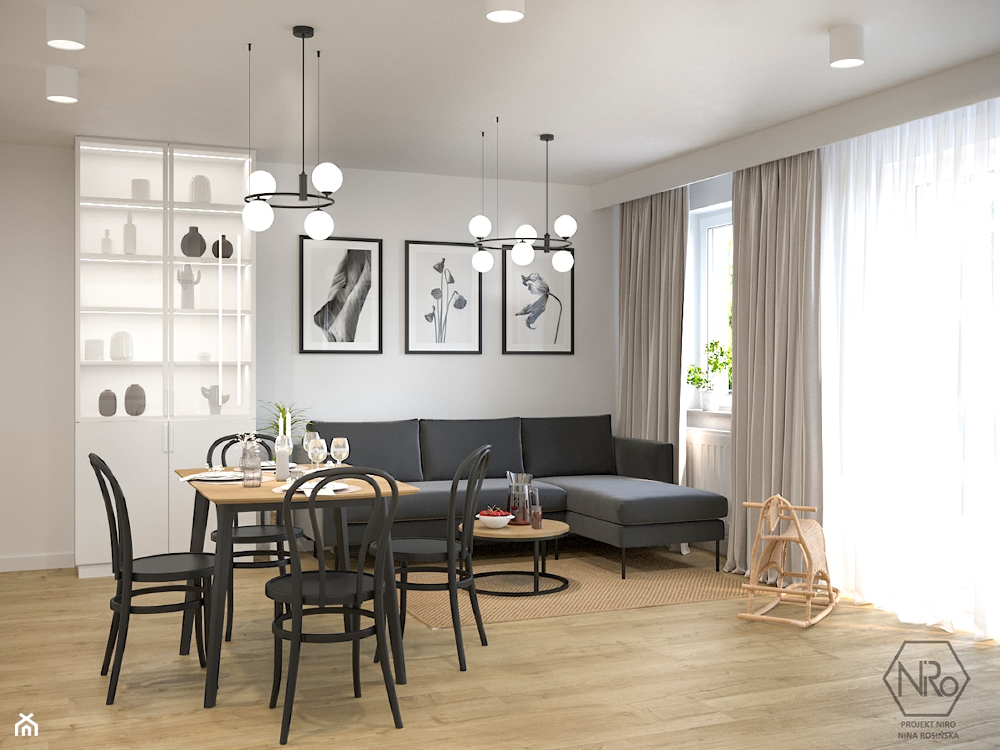 Salon z aneksem kuchennym w stylu skandynawskim jasny z dużą ilością drewna - zdjęcie od Projekt NiRo - Homebook