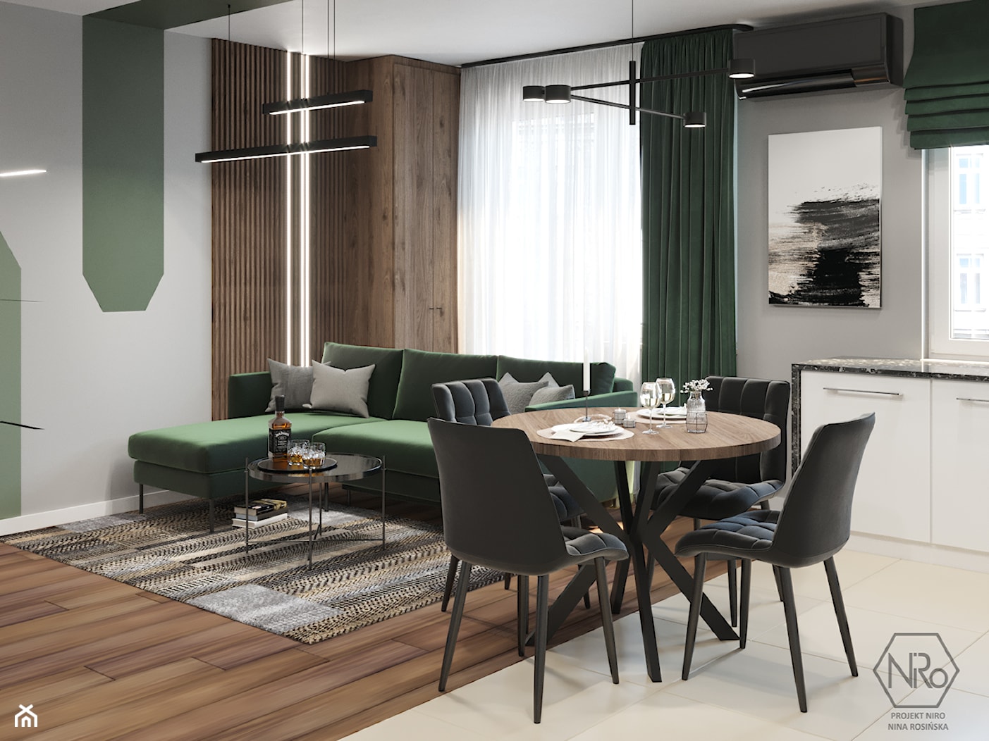 mały salon z kuchnią z jadalnią oraz ze ścianką telewizyjną w odcieniu butelkowej zieleni - zdjęcie od Projekt NiRo - Homebook