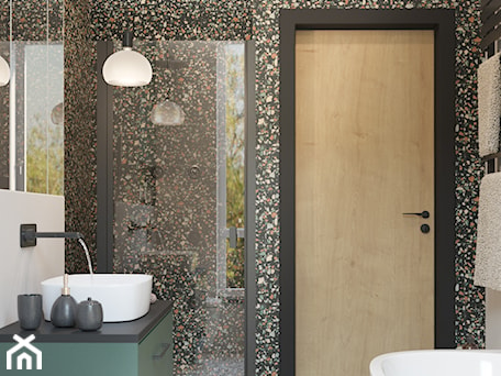 Aranżacje wnętrz - Łazienka: zielona łazienka lastryko kolorowa płytki wielkoformatowe - Projekt NiRo. Przeglądaj, dodawaj i zapisuj najlepsze zdjęcia, pomysły i inspiracje designerskie. W bazie mamy już prawie milion fotografii!