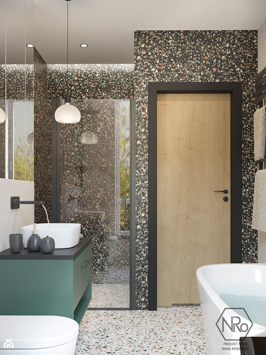 zielona łazienka lastryko kolorowa płytki wielkoformatowe - zdjęcie od Projekt NiRo