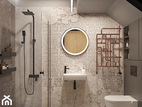Aranżacje wnętrz - Łazienka: łazienka loftowa z tapetą - Projekt NiRo. Przeglądaj, dodawaj i zapisuj najlepsze zdjęcia, pomysły i inspiracje designerskie. W bazie mamy już prawie milion fotografii!