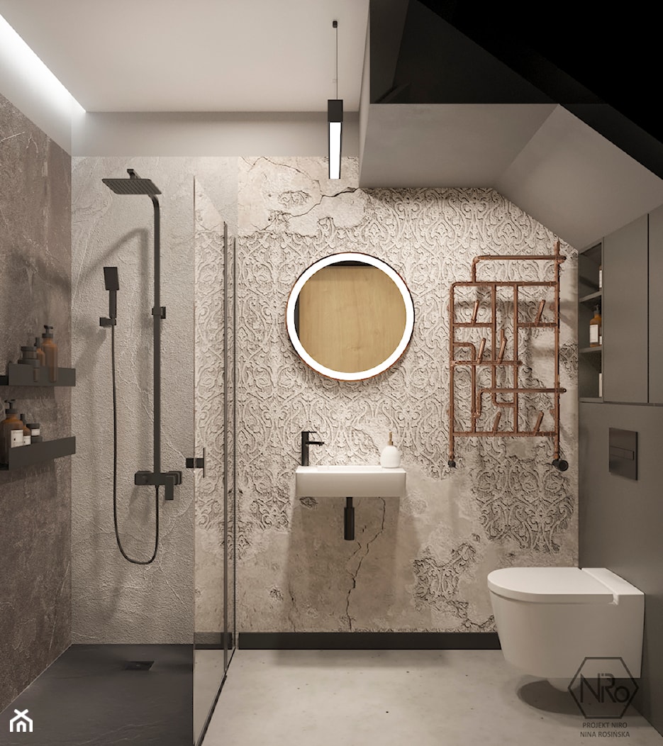 łazienka loftowa z tapetą - zdjęcie od Projekt NiRo - Homebook