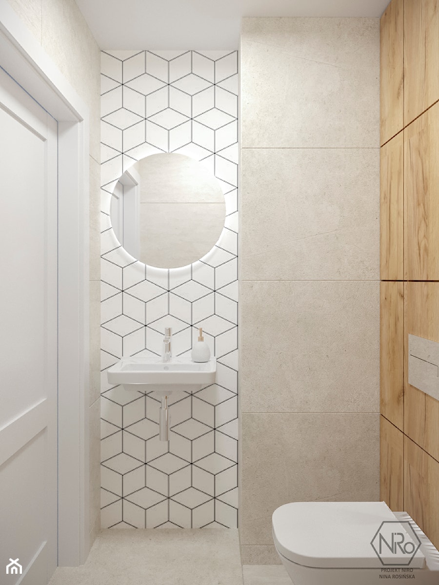 Jasna biała mała toaleta z drewnem heksagonami i betonem - zdjęcie od Projekt NiRo