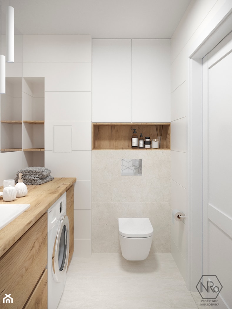 Jasna biała mała łazienka z drewnem i betonem - zdjęcie od Projekt NiRo - Homebook