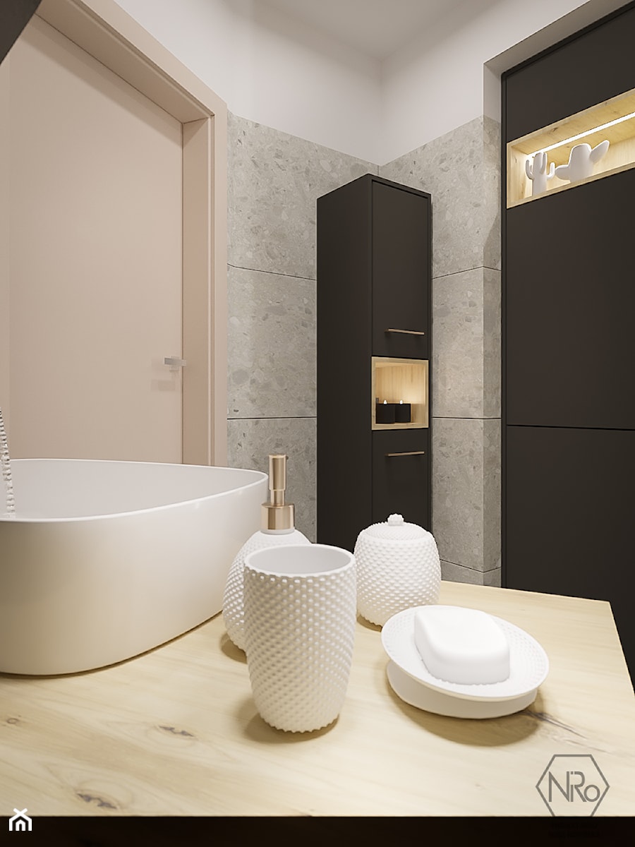 szara łazienka z czarnymi meblami - zdjęcie od Projekt NiRo