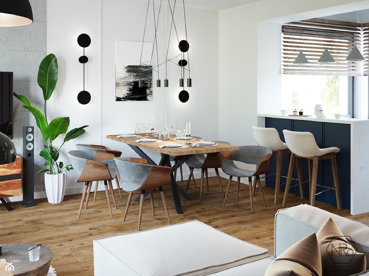 salon z kuchnią w jasnej kolorystyce z betonową ścianą - zdjęcie od Projekt NiRo - Homebook