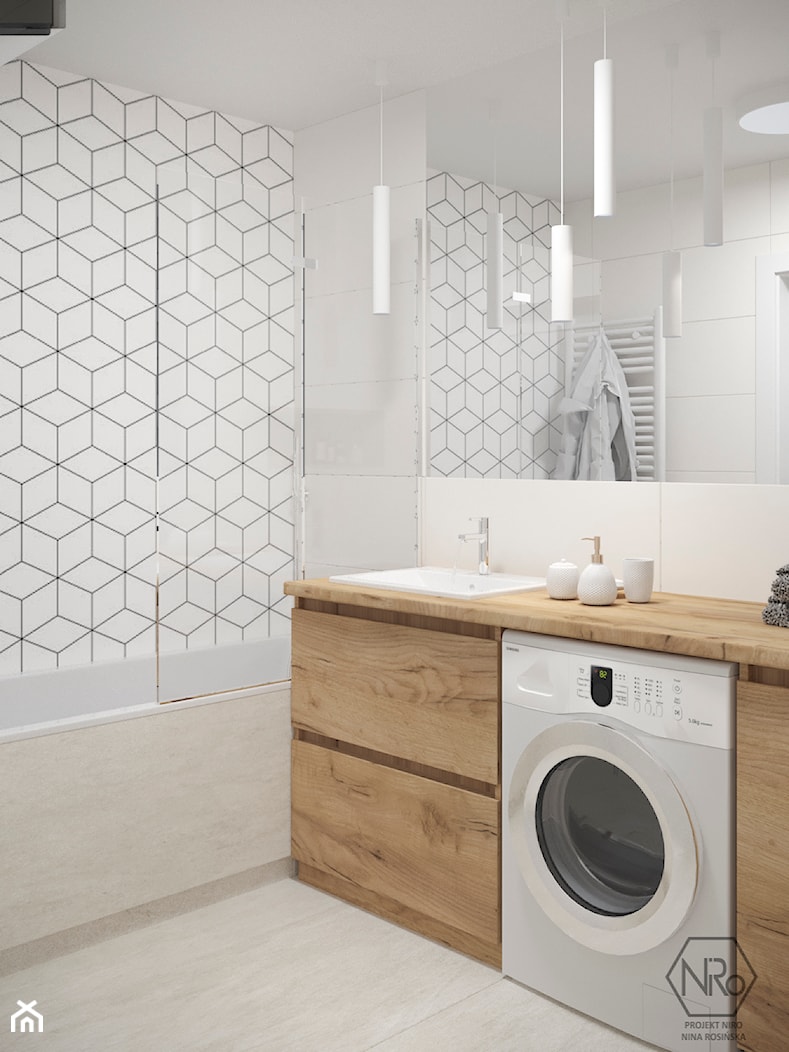 Jasna biała mała łazienka z drewnem i betonem - zdjęcie od Projekt NiRo - Homebook