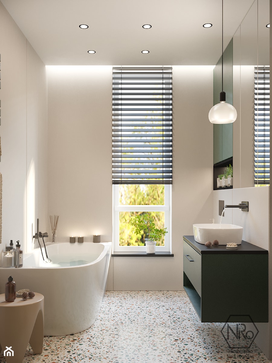 zielona łazienka lastryko kolorowa płytki wielkoformatowe - zdjęcie od Projekt NiRo