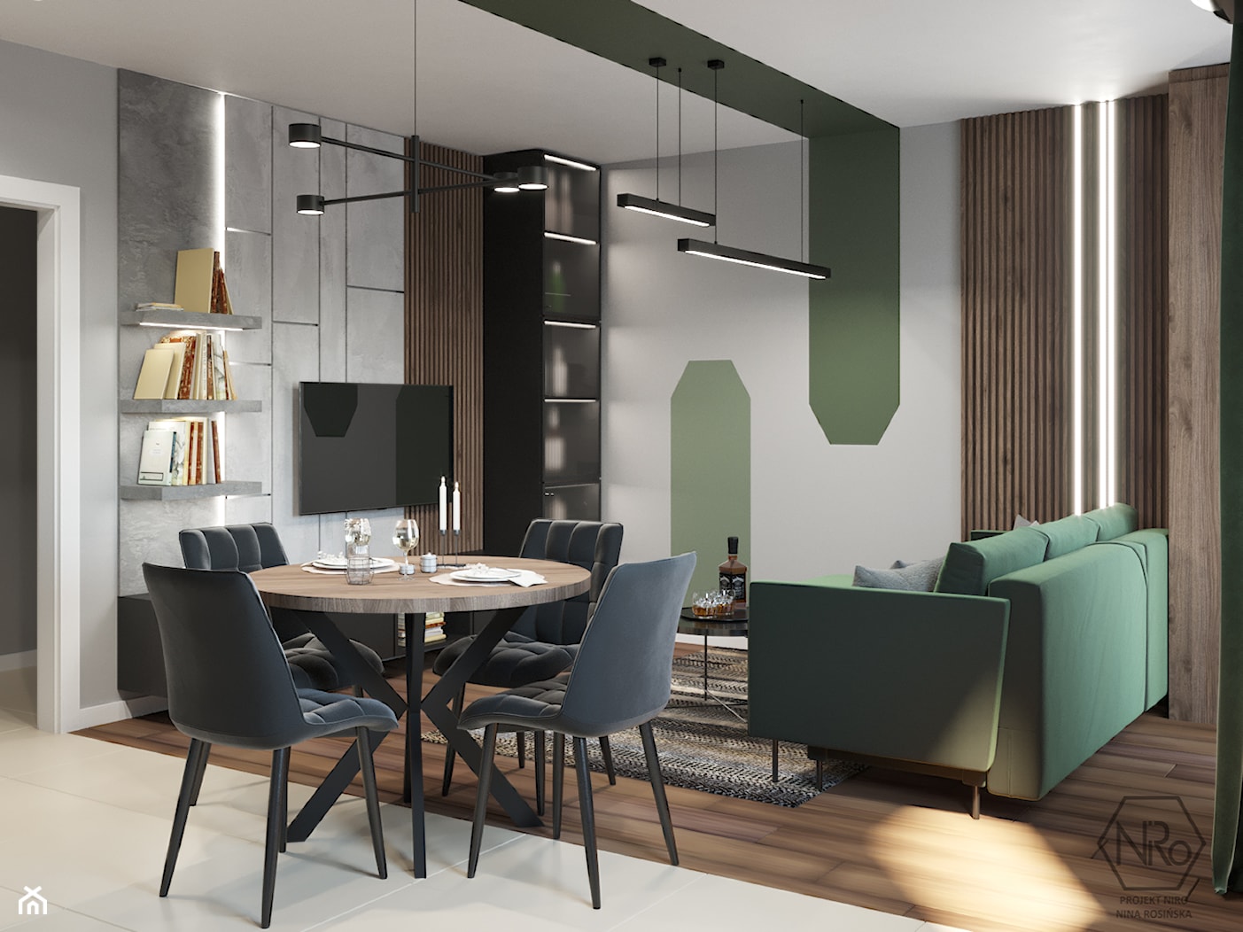 mały salon z kuchnią z jadalnią oraz ze ścianką telewizyjną w odcieniu butelkowej zieleni - zdjęcie od Projekt NiRo - Homebook