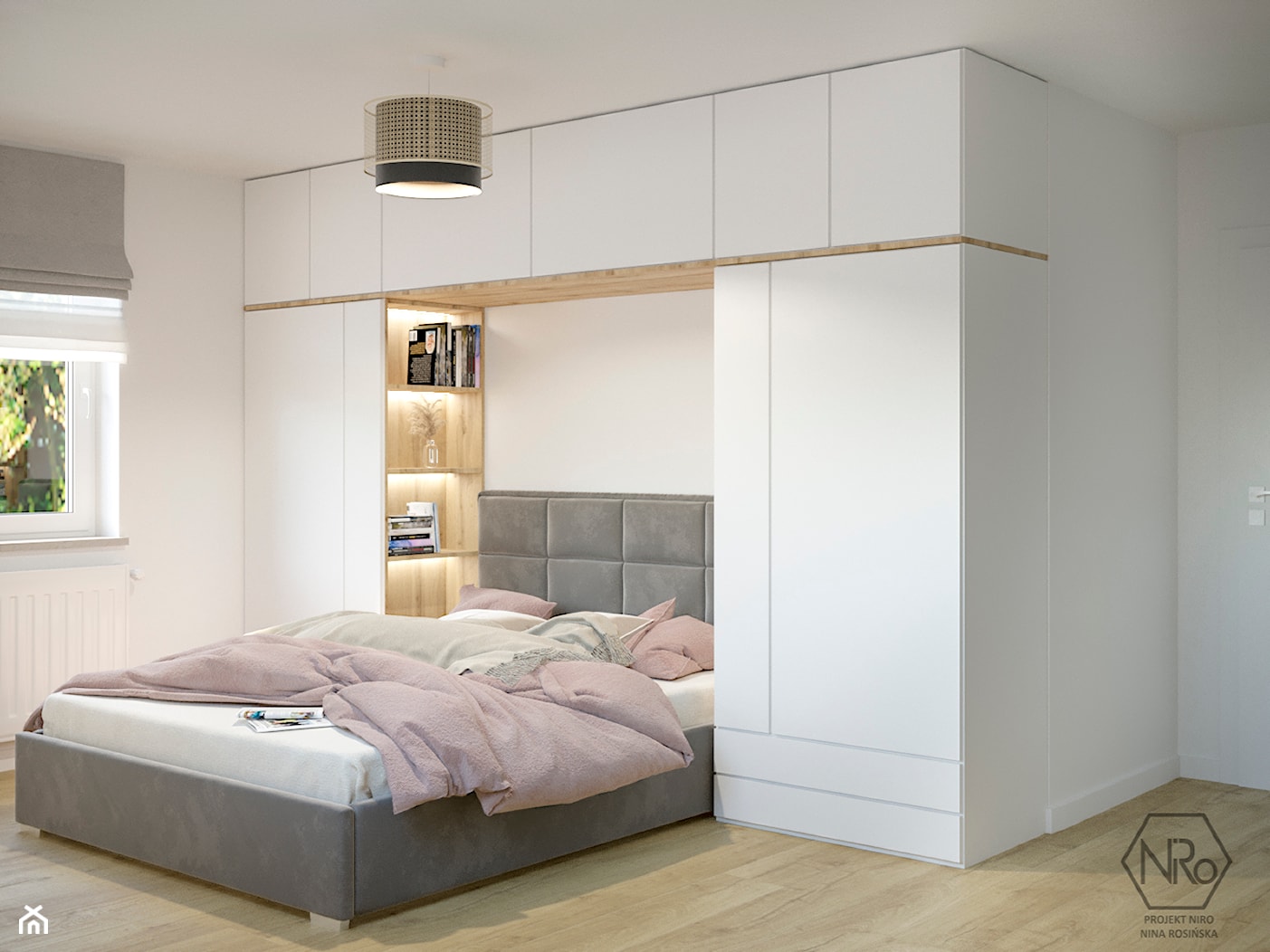 Sypialnia z łóżkiem tapicerowanym zabudowana szafami na wymiar - zdjęcie od Projekt NiRo - Homebook