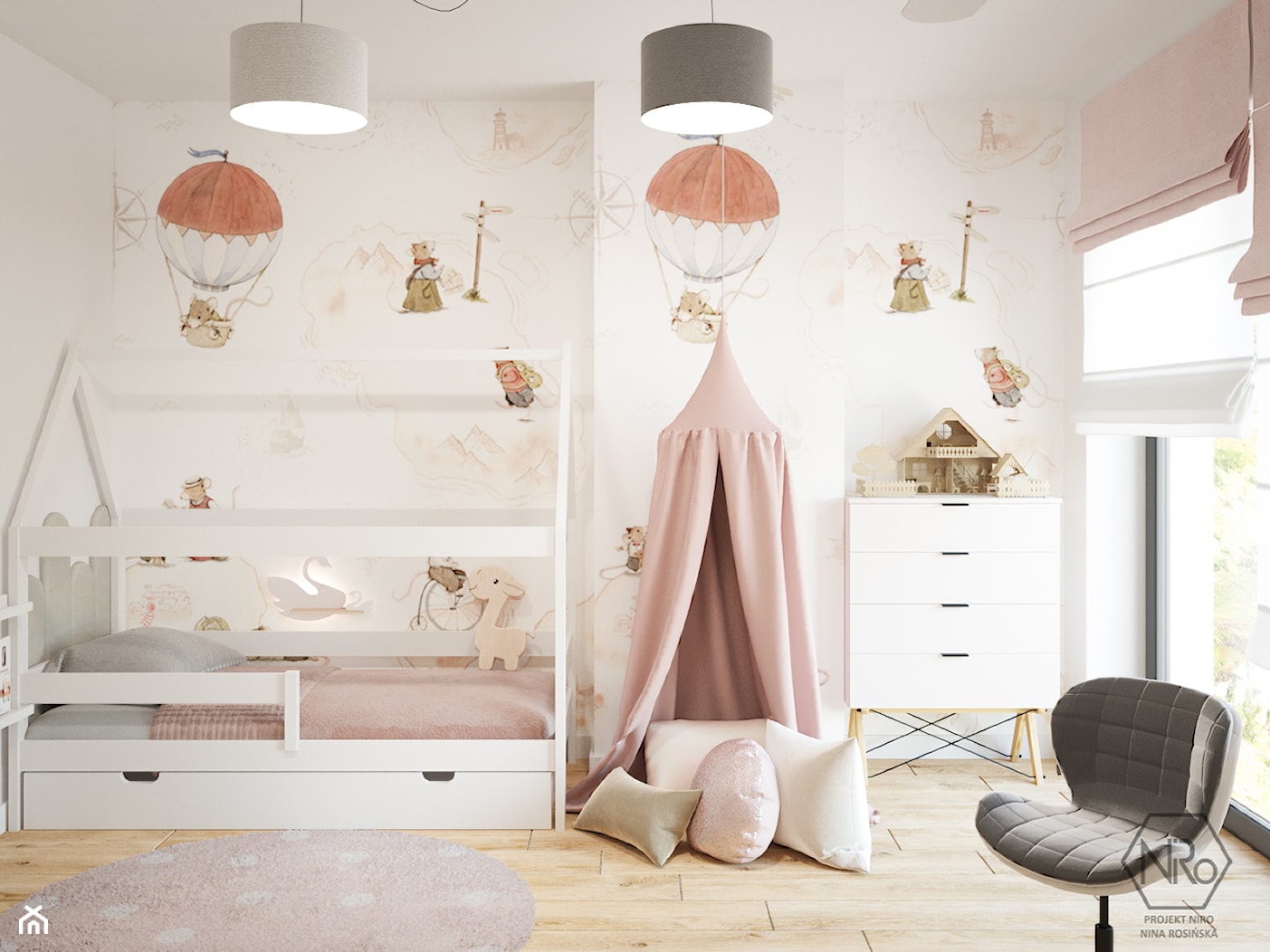 Pokój dziecięcy w różach z łóżkiem domkiem i panelami tapicerowanymi - zdjęcie od Projekt NiRo - Homebook
