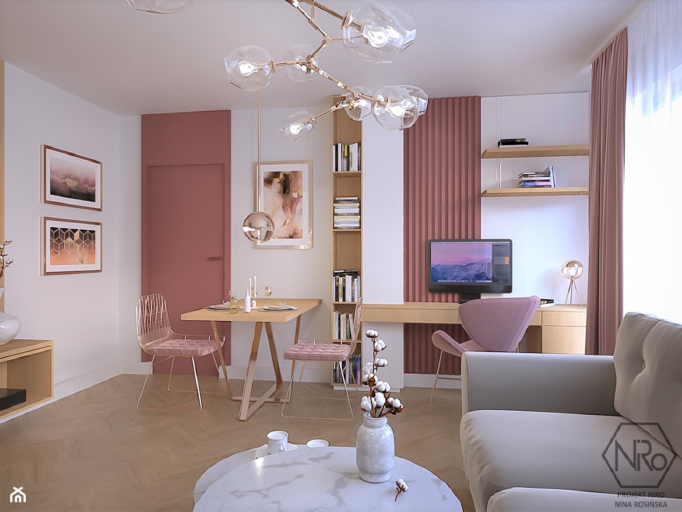 Salon z jadalnią i biurkiem do home office - zdjęcie od Projekt NiRo - Homebook