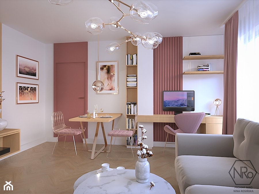Salon z jadalnią i biurkiem do home office - zdjęcie od Projekt NiRo