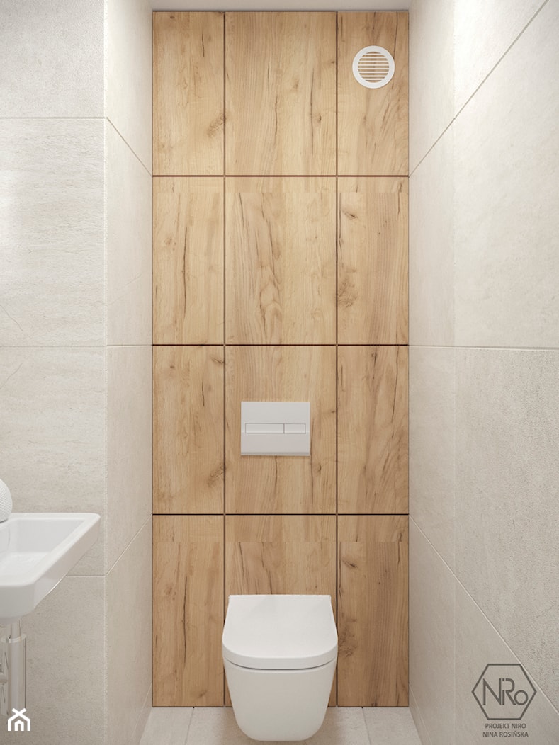 Jasna biała mała toaleta z drewnem heksagonami i betonem - zdjęcie od Projekt NiRo - Homebook