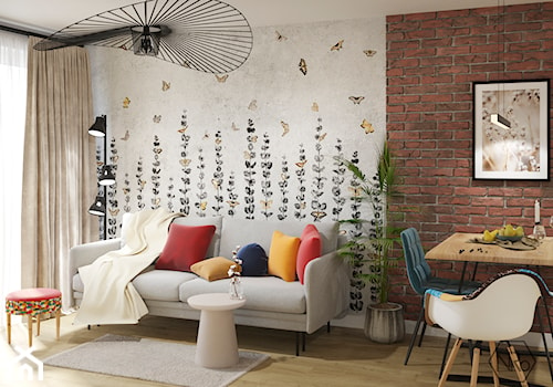 salon industrialny z rozkładaną sofą, tapetą wonderwall i cegłą - zdjęcie od Projekt NiRo