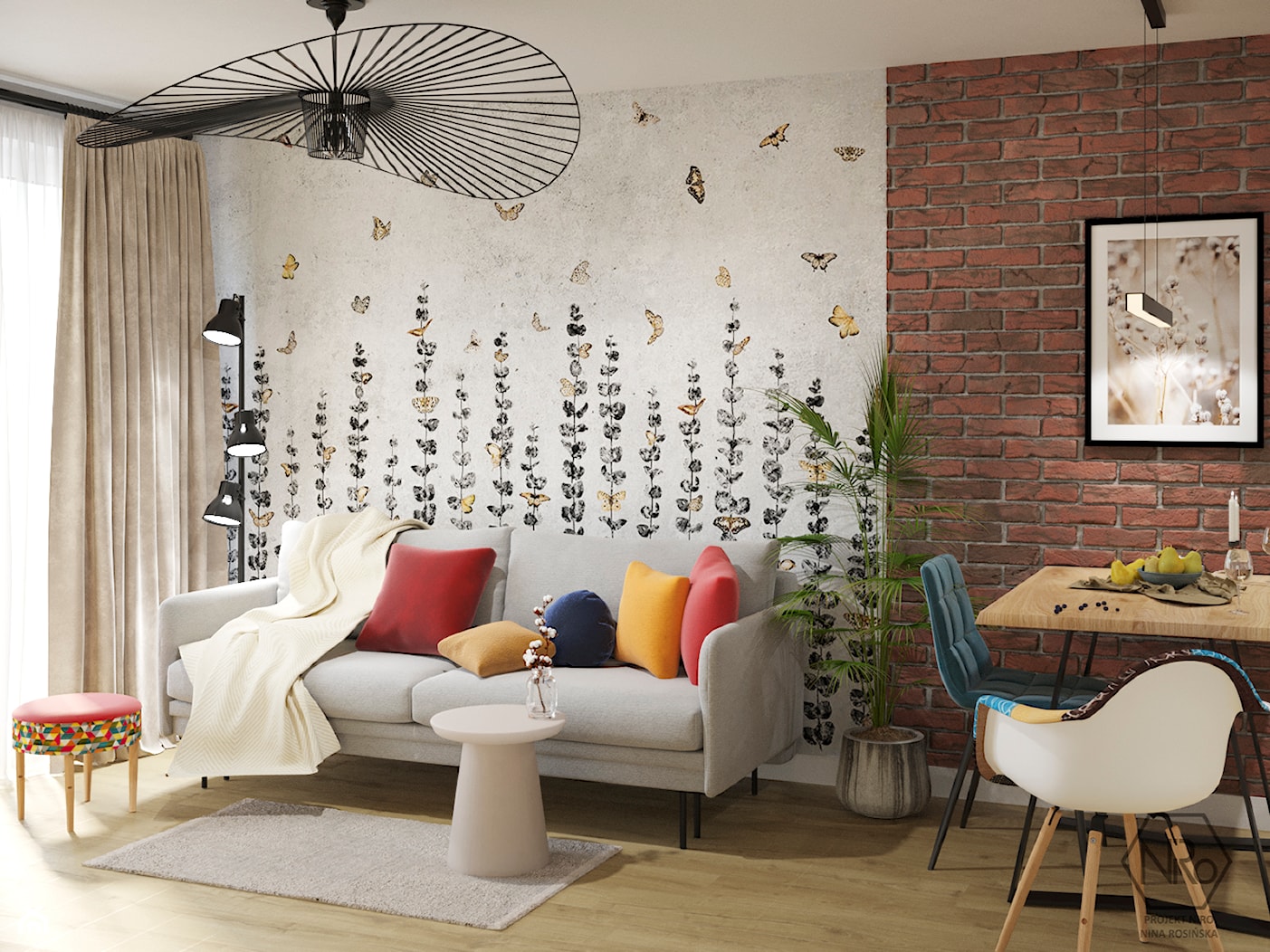 salon industrialny z rozkładaną sofą, tapetą wonderwall i cegłą - zdjęcie od Projekt NiRo - Homebook