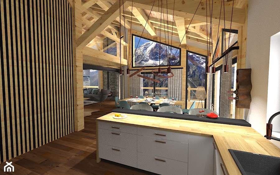 Otwarta kuchnia w apartamencie z widokiem na góry - zdjęcie od Lazaria Design pracownia projektowania wnętrz i ogrodów