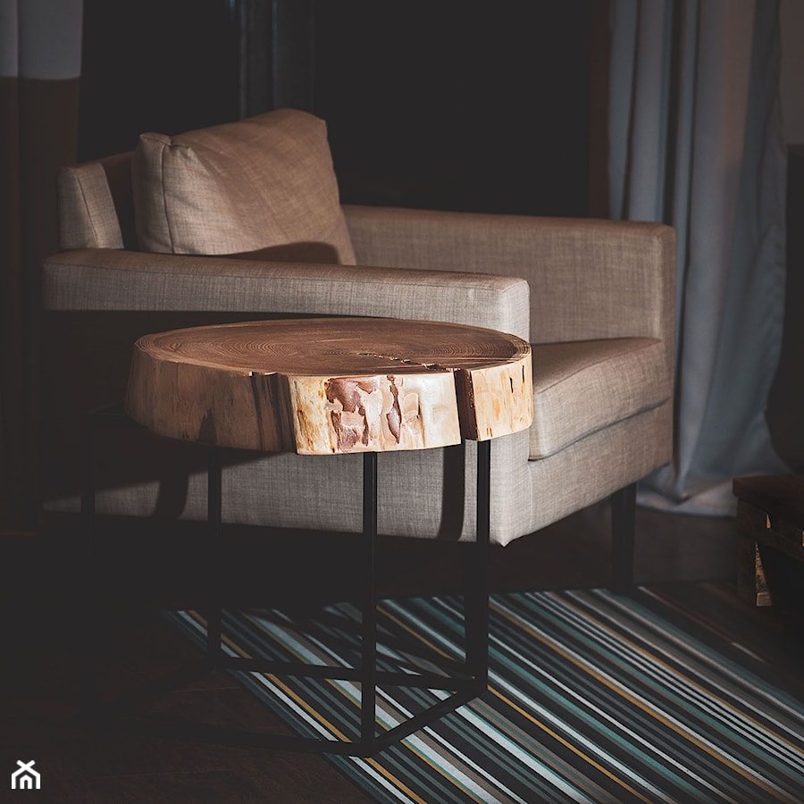 DRASIL stolik z blatem z plastra modrzewiowego na geometrycznej ramie - zdjęcie od Dobek & Stypińska Manufaktura