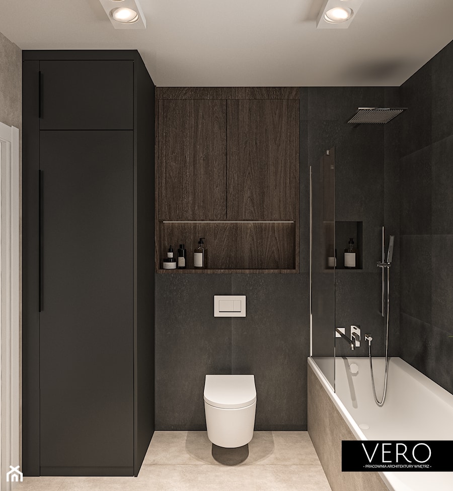 Minimalistyczna łazienka w ciemnych tonacjach - zdjęcie od VERO - Pracownia Architektury Wnętrz
